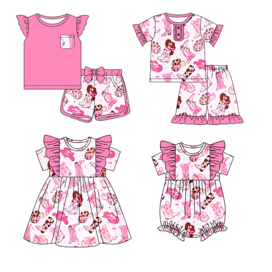 12.18 custom each style moq 5eta 4-6week Sibling Sister boot hat bow pink baby girl short sleeve shorts sets and sets 2 and girls romper and boy romper and dress match design