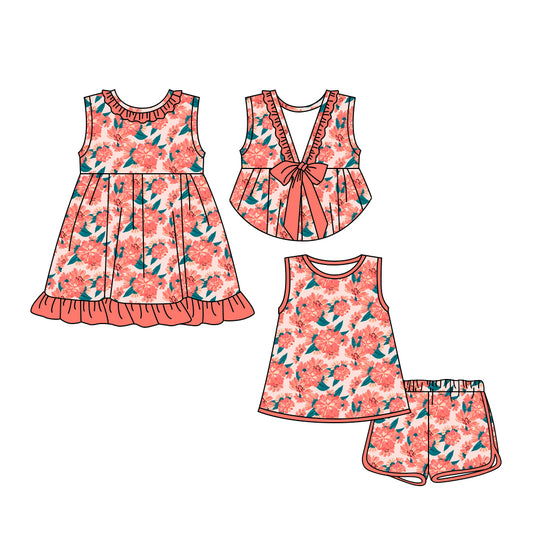 3.18 custom each style moq 5eta 4-6week Sibling Sister floral baby girl short sleeve shorts sets and dresses match design
