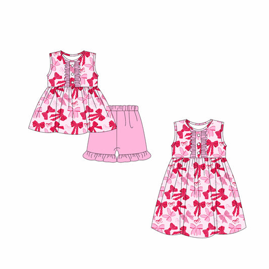 3.3 custom each style moq 5eta 4-6week Sibling Sister bow baby girl short sleeve shorts sets and dresses match design