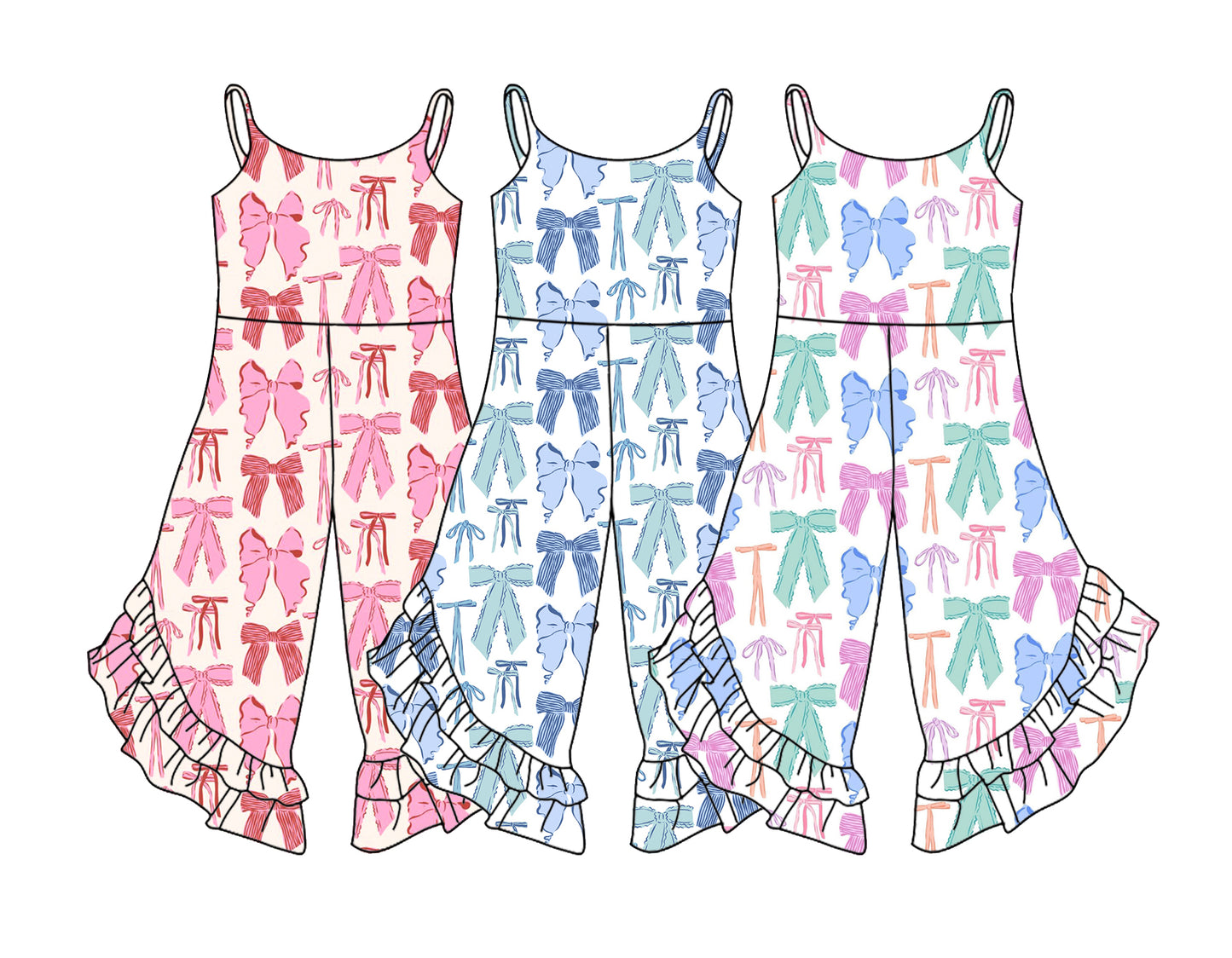 2.21 custom each style moq 5eta 4-6week Sibling Sister bow baby girls suspender jumpsuit and jumpsuit 3 match design