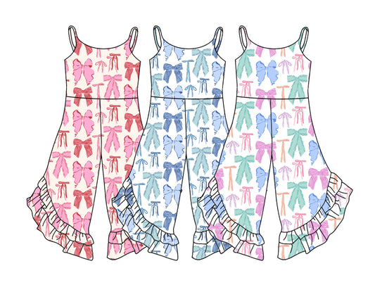 2.21 custom each style moq 5eta 4-6week Sibling Sister bow baby girls suspender jumpsuit and jumpsuit 3 match design