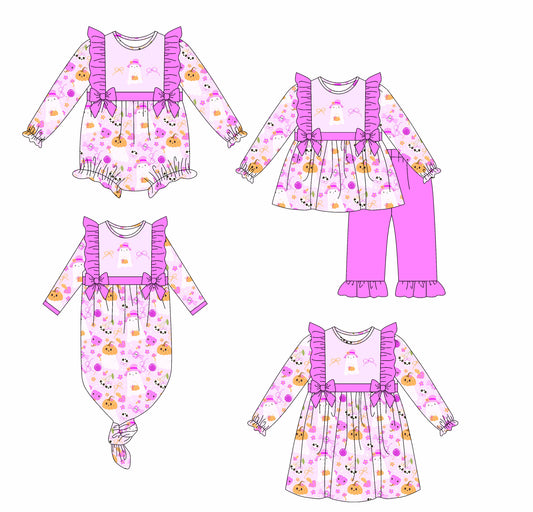 25.6.9 custom each style moq 5eta 4-6week Sibling Sisters pumpkin bow baby girl long sleeve pants sets and dress and rompers and nightgown match family design
