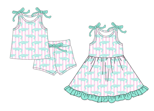 4.10 custom each style moq 5eta 4-6week Sibling Sister Crocodile baby girl short sleeve shorts sets and dresses match design