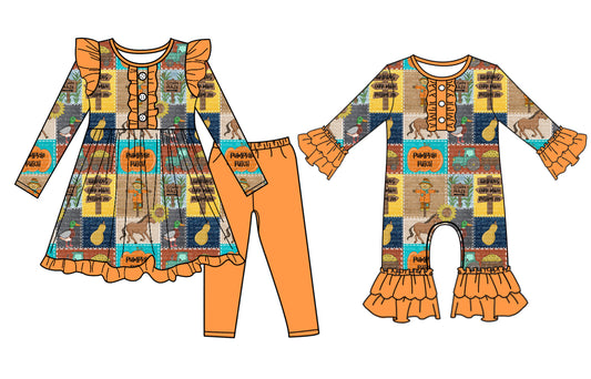 25.7.3 custom each style moq 5eta 4-6week Sibling Sisters pumpkin baby girl long sleeve pants sets and rompers match family design