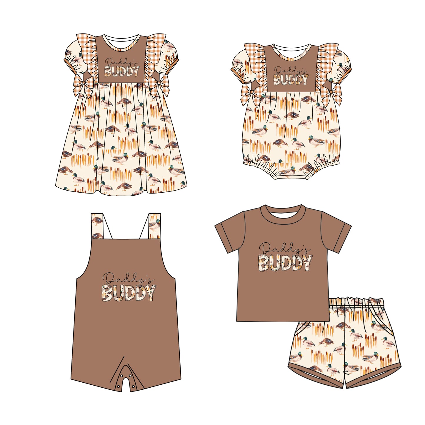 11.21 custom each style moq 5eta 4-6week Sibling Sister DADDY BUDDY duck baby boy short sleeve shorts sets and girls romper and boy romper and dress match design