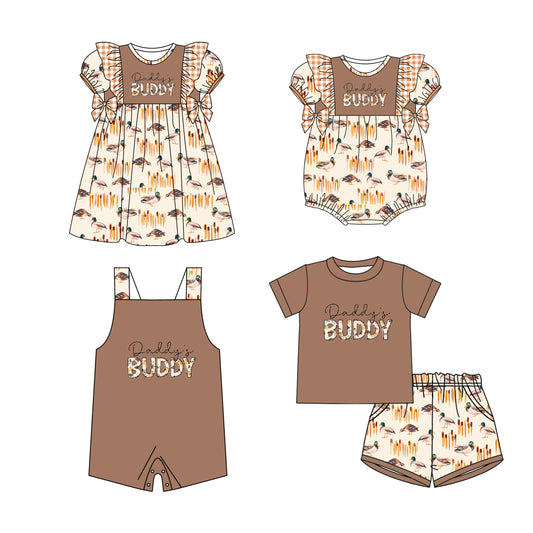 11.21 custom each style moq 5eta 4-6week Sibling Sister DADDY BUDDY duck baby boy short sleeve shorts sets and girls romper and boy romper and dress match design