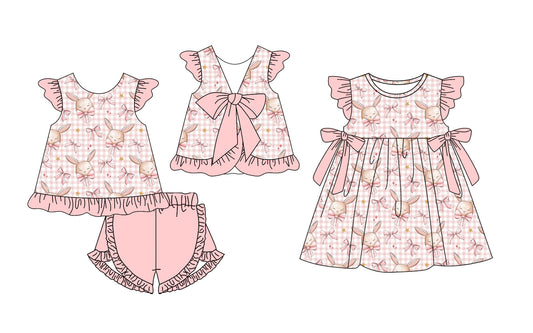 25.11.17 custom each style moq 5 eta 6-8week Sibling Sister bunny bow baby girl short sleeve shorts sets and dress match design