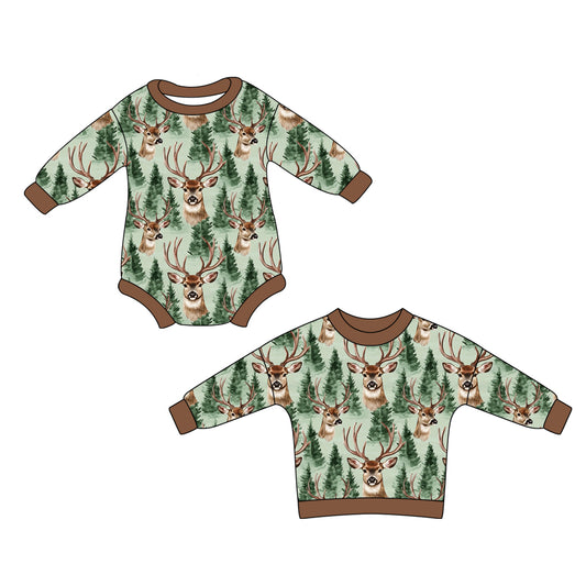 25.5.22 custom each style moq 5eta 4-6week Sibling Sister Christmas trees deer baby boy long sleeve rompers and top match family design