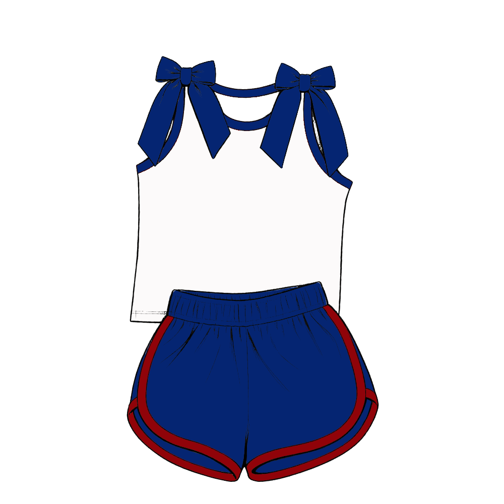 custom moq 5 mix size Baby Girls Blue Bow Sleeveless Top Shorts Summer Casual Clothes Set