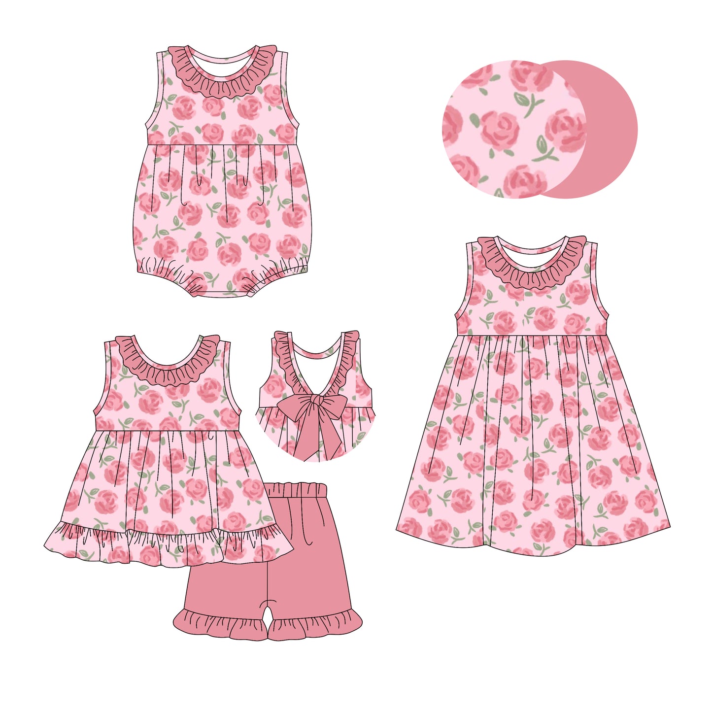 3.6 custom each style moq 5eta 4-6week Sibling Sisters floral baby girl short sleeve shorts sets and dress and rompers match family design