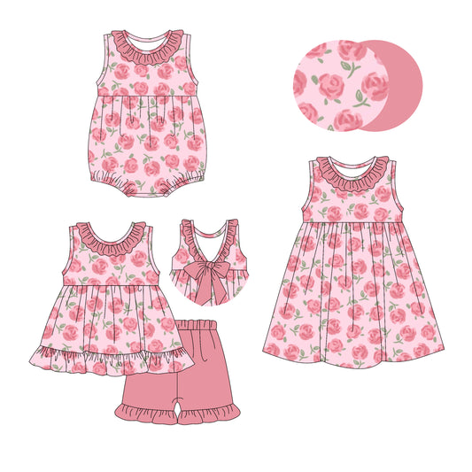 3.6 custom each style moq 5eta 4-6week Sibling Sisters floral baby girl short sleeve shorts sets and dress and rompers match family design