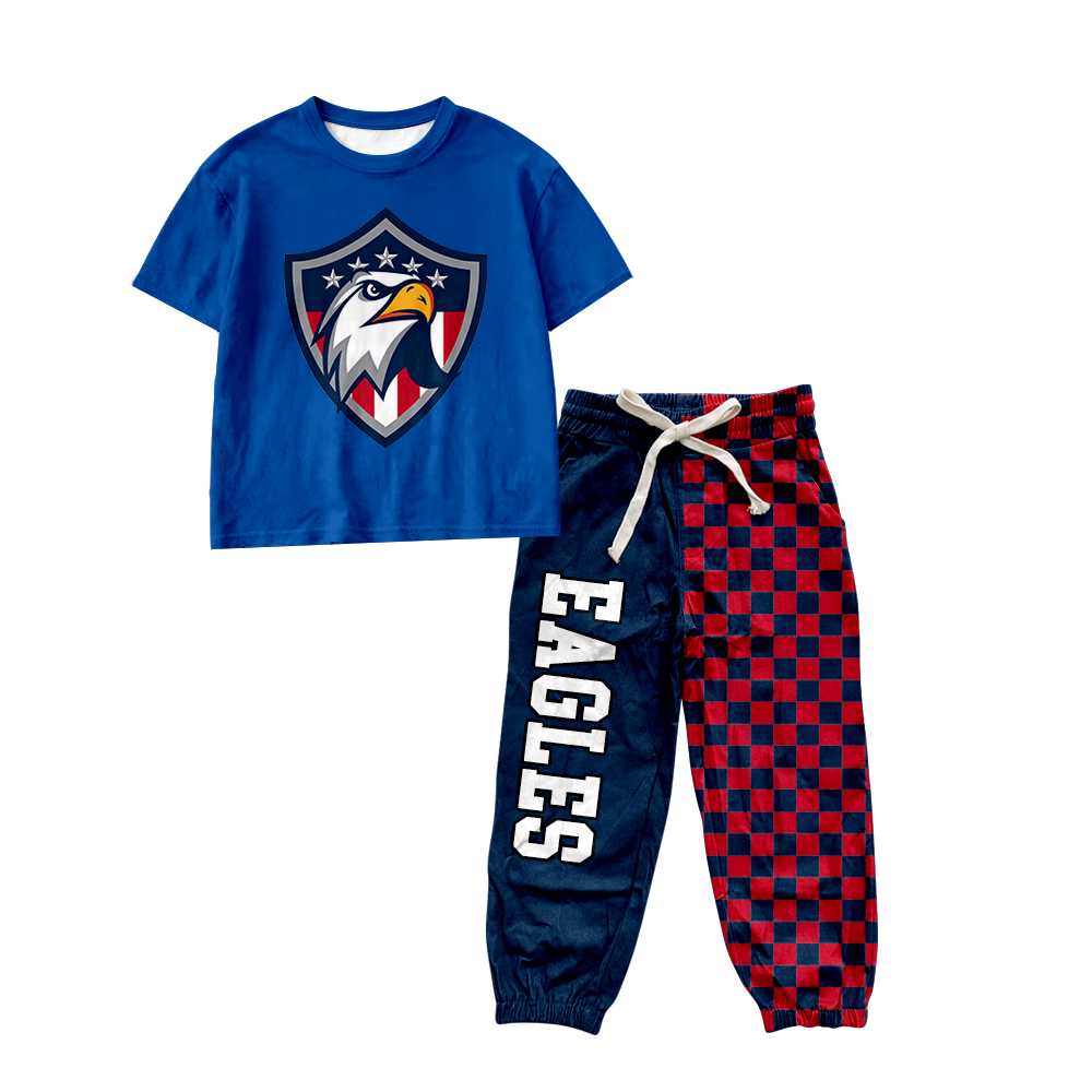 custom moq 5 mix size MSD071008 Baby Kids Short Sleeve Shirt Plaid Patchwork Long Pants Team Casual Set