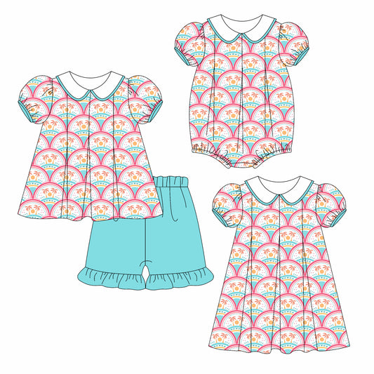 3.10 custom each style moq 5eta 4-6week Sibling Sisters baby girl short sleeve shorts sets and dress and rompers match family design