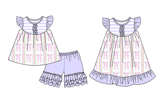 3.29 custom each style moq 5eta 4-6week Sibling Sister bow baby girl short sleeve shorts sets and dresses match design