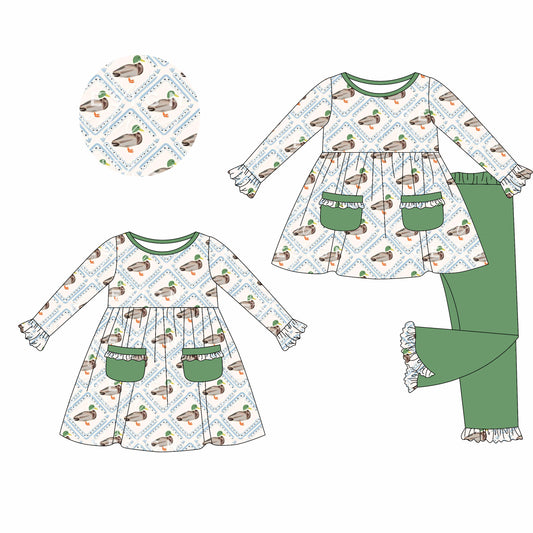 25.5.17 custom each style moq 5eta 4-6week Sibling Sisters duck baby girl long sleeve pants sets and dress match family design