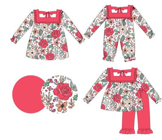 25.5.14 custom each style moq 5eta 4-6week Sibling Sisters floral baby girl long sleeve pants sets and dress and rompers match family design