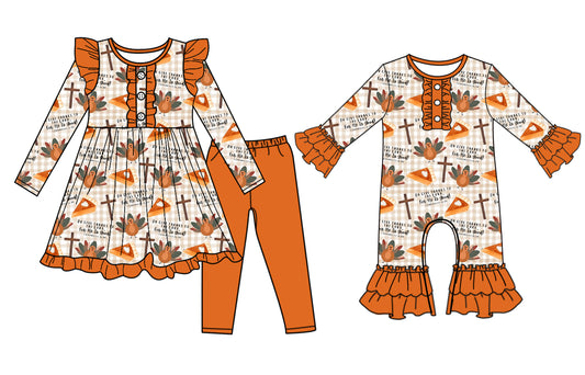 25.7.4 custom each style moq 5eta 4-6week Sibling Sisters turkey baby girl long sleeve pants sets and rompers match family design