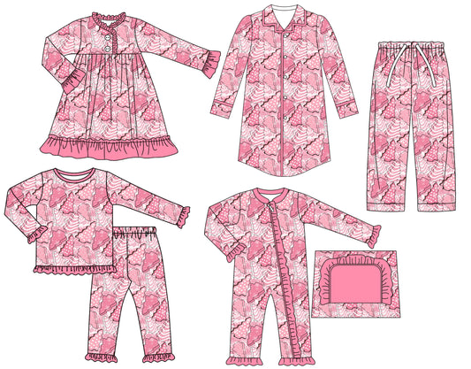 25.6.25 custom each style moq 5eta 4-6week Sibling Sisters Christmas pink baby girl long sleeve pants sets and adult top and adult pants and romper and dress match family design