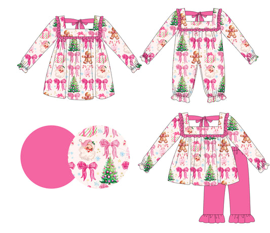 25.5.15 custom each style moq 5eta 4-6week Sibling Sisters Christmas bow pink baby girl long sleeve pants sets and dress and rompers match family design