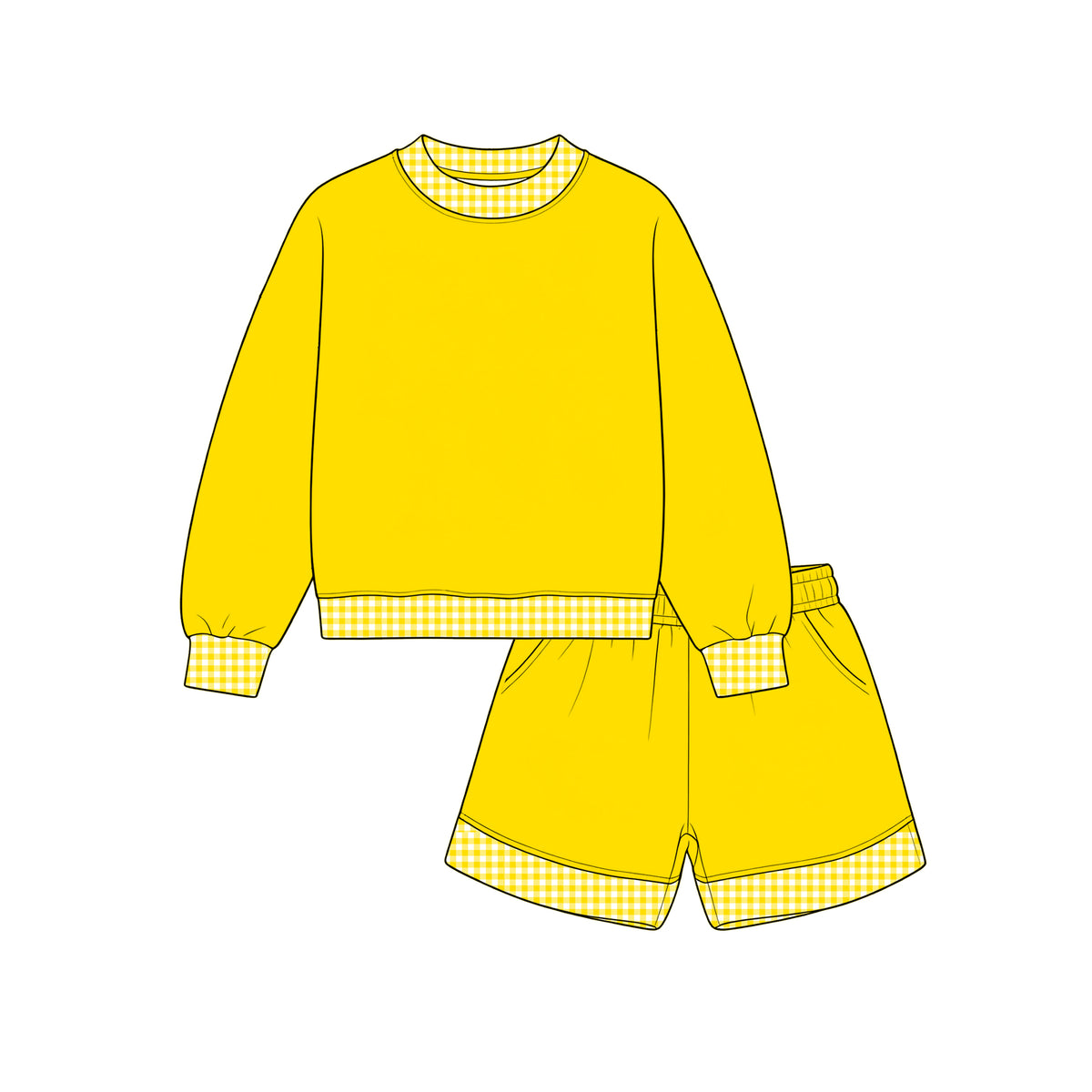 Custom moq 5 girls  Blank Cotton Fabric Sweatshirt Shorts Set Bright yellow sweatshirt and shorts set