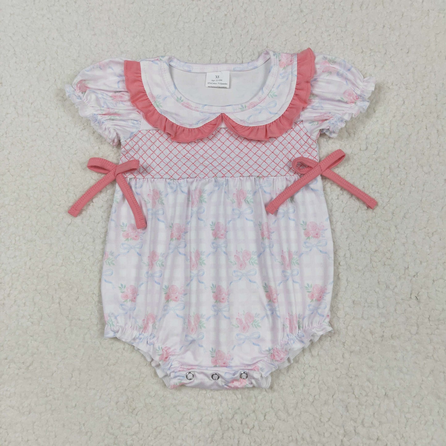 RTS NO MOQ SR2917 Embroidered flower blue bow pattern pink plaid doll collar short-sleeved jumpsuit