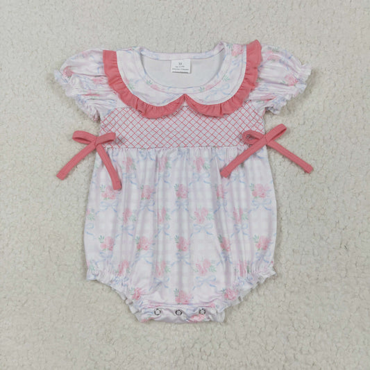 RTS NO MOQ SR2917 Embroidered flower blue bow pattern pink plaid doll collar short-sleeved jumpsuit