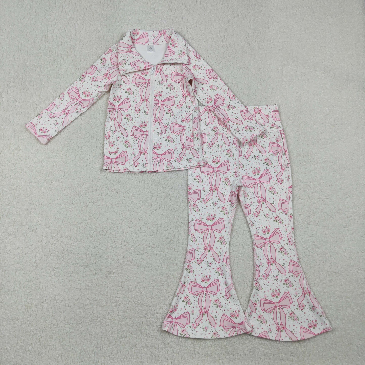 RTS NO MOQ（In Stock) GT1082+P0773 White yoga zip-up long-sleeved top with floral and bow pattern trousers set