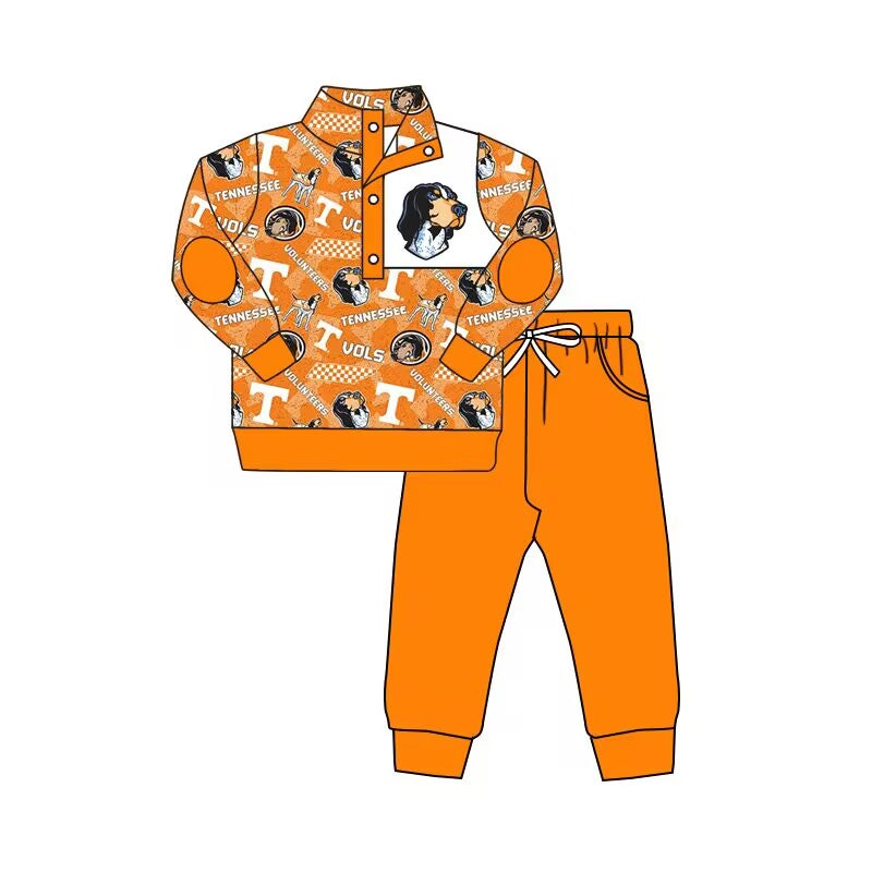 Custom moq 3 eat about 6-8 weeks Orange Dog Letter Button Pullover Boys Long Sleeve Suit