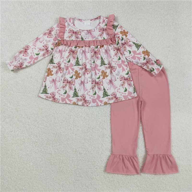 Baby Girls Christmas Gingerbread Collection - Pink Trim Lounge Set & Ruffle Flare Pant Set
