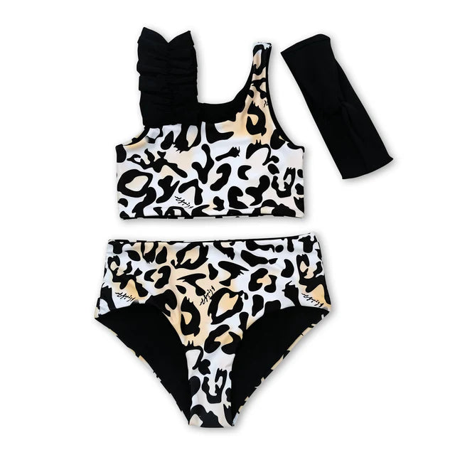 RTS NO MOQ Sibling Baby Girls Leopard Print 3pcs Swimsuits