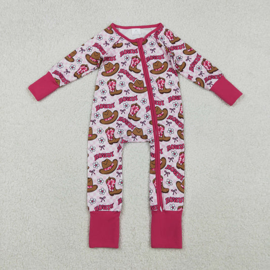 RTS NO MOQ（In Stock) LR2516 Howdy Cowboy Hat Boots Floral Pink Plaid Zipper Long-Sleeved Jumpsuit