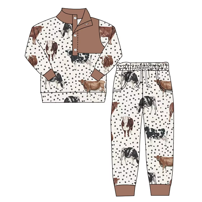 Custom moq 5 mix size milk silk summer baby boy clothes cow horse long sleeve pants sets-25.8.15