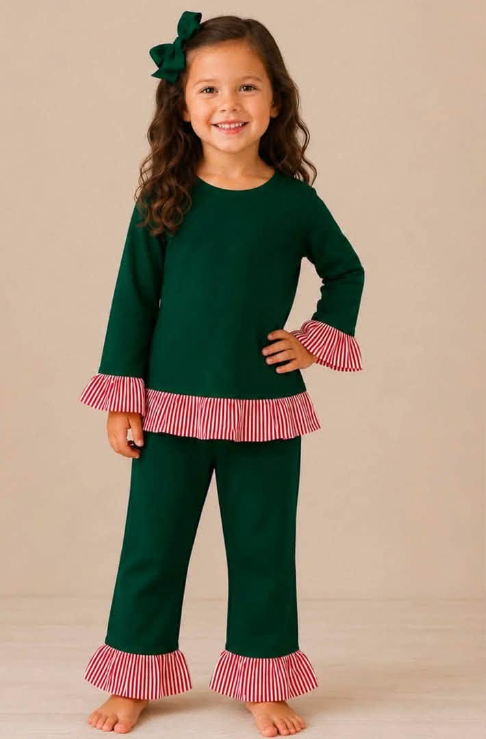 custom moq 5 mix size Cotton fabric EAROML0101 Baby Girls Long Sleeve Ruffle Trim Top Stripe Ruffle Cuff Hem Pant Pajama Set
