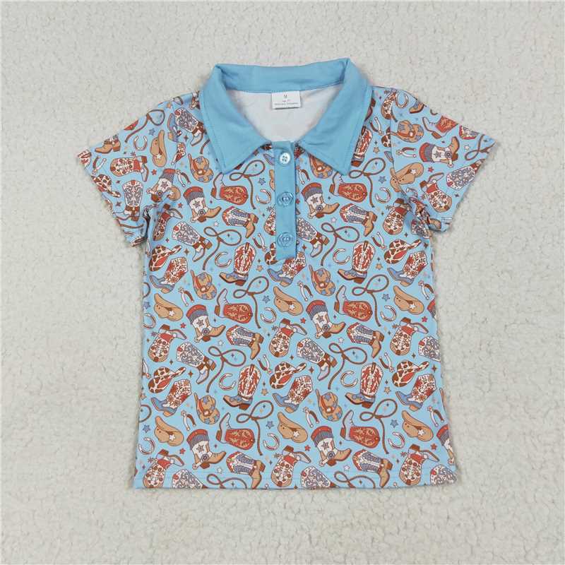 RTS NO MOQ（In Stock) BT1256 Boots, cowboy hat, blue button-down short-sleeved top