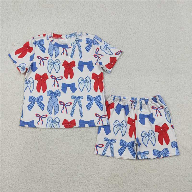 RTS Sibling baby girl clothes national day bow Short Sleeve Shorts sets