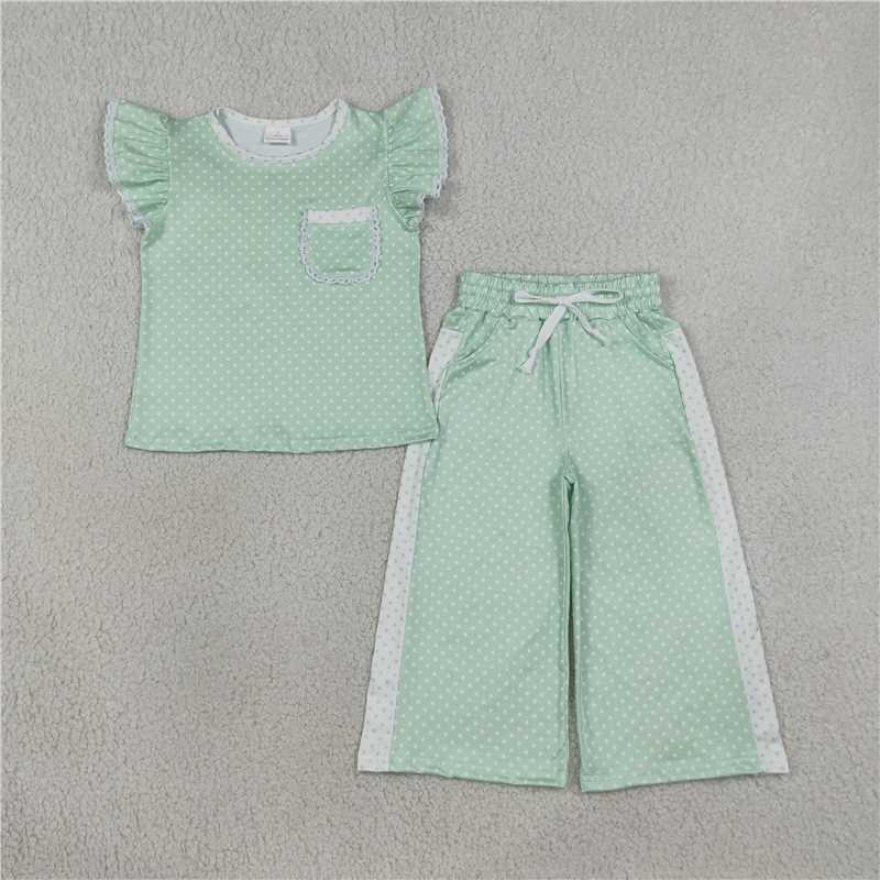 RTS NO MOQ Sibling milk silk Baby Girls Polka Dots Pocket Top Flare Pant Sets