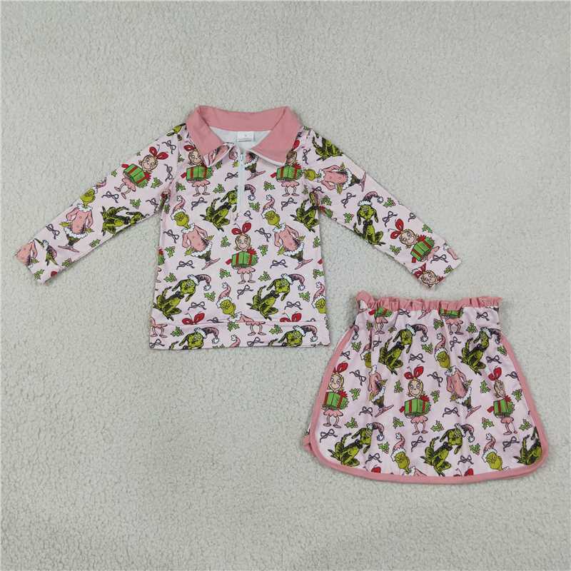RTS NO MOQ Sibling milk silk Baby Girls Long Sleeve Zip Top Skort Holiday Casual Christmas Clothes Set
