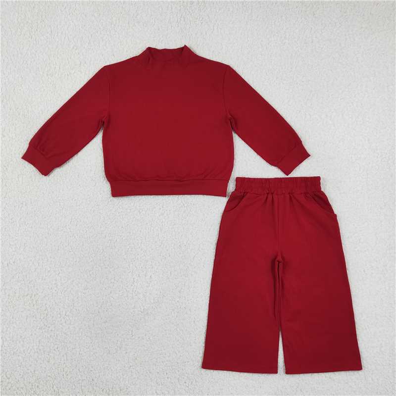 RTS NO MOQ Sibling cotton Baby Girls High Neck Solid Leopard Long Sleeve Top And Wide Leg Pant Casual Set
