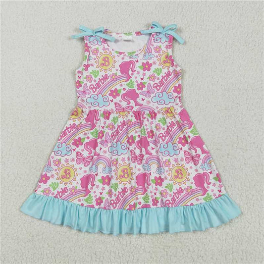 RTS NO MOQ GSD2463 Butterfly Flower Rainbow Blue Lace White Sleeveless Dress