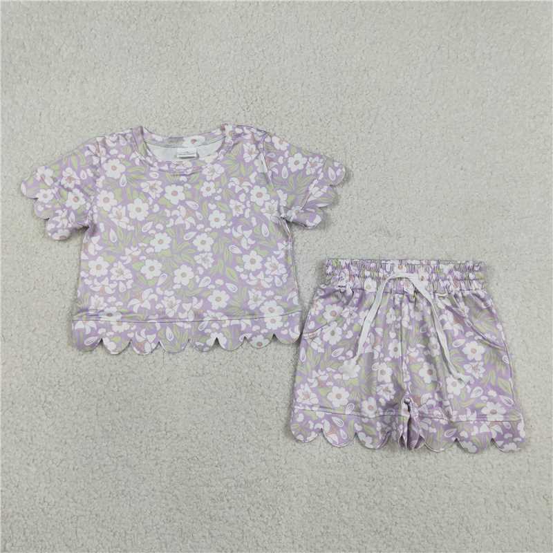 RTS NO MOQ Sibling milk silk Baby Girls Cute Colorful Flowers Scallop Edge Short Sleeve Clothes Set