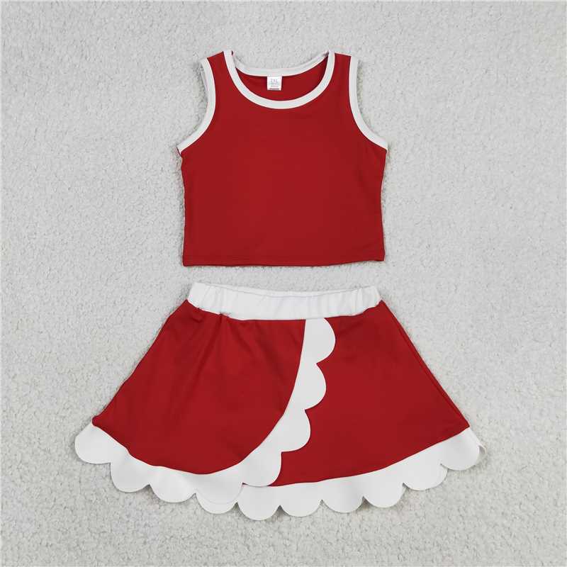 RTS NO MOQ Sibling yoga fabric cotton Baby Girls Solid Color Summer Sleeveless Top Scallop Skirt Short Casual Sports Outfit Set