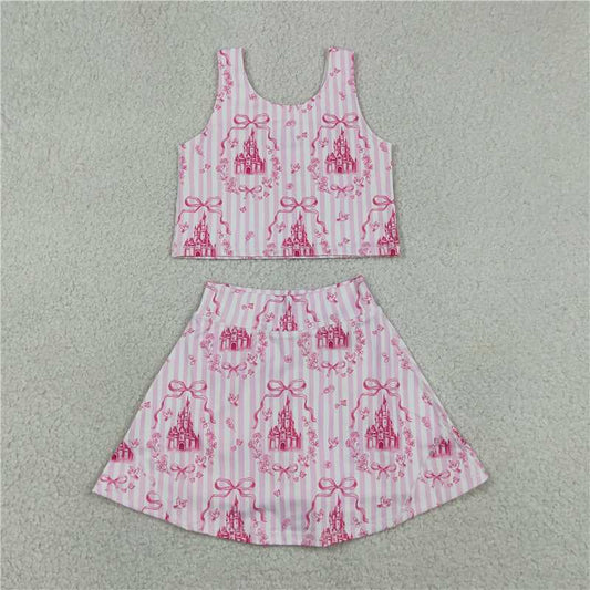 RTS NO MOQ yoga fabric GSD3814 Baby Girls Sweet Pink Stripe Bow Sleeveless Active Wear Set