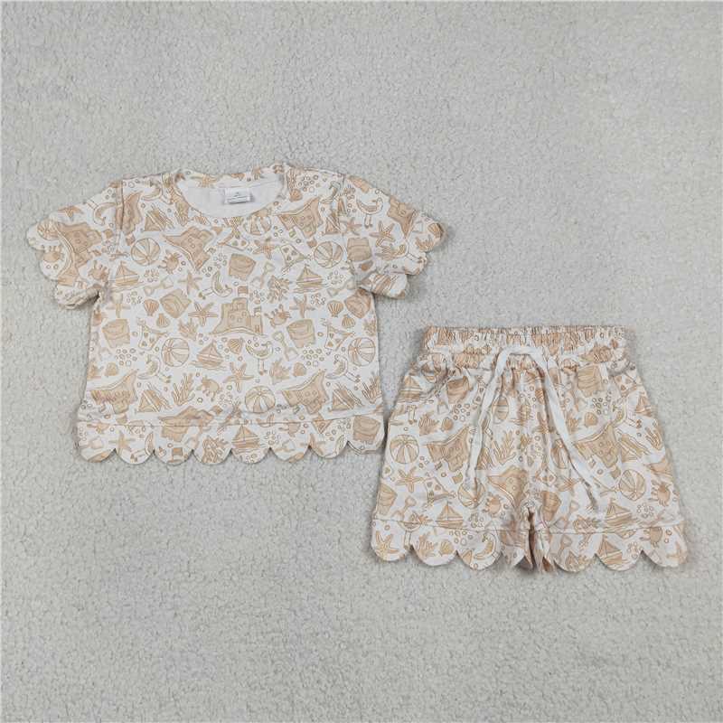 RTS NO MOQ Sibling milk silk Baby Girls Summer Top Pocket Shorts Scallop Hem Casual Outfits