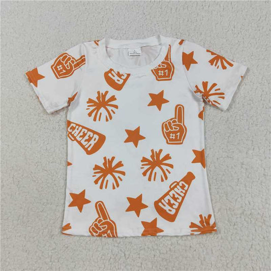 SALES NEW Baby Girls Short Sleeves Orange Stars Team Tee Shirt Top for Little Ones Comfortable Cotton Graphic Team Shirt