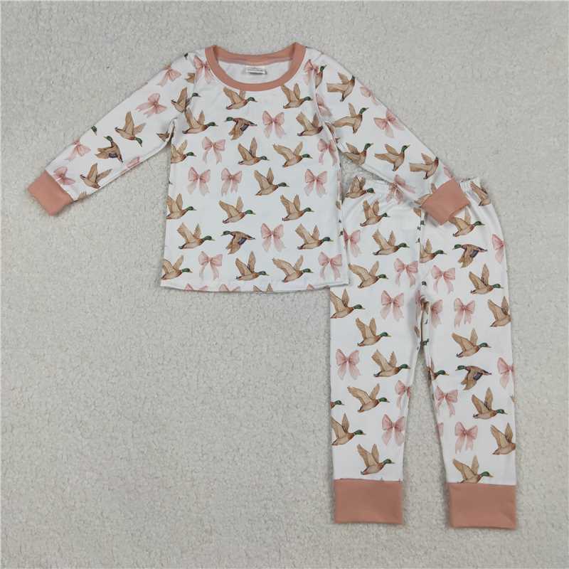RTS NO MOQ Sibling Baby girl clothes duck rugby bow long-sleeved trousers suit and top