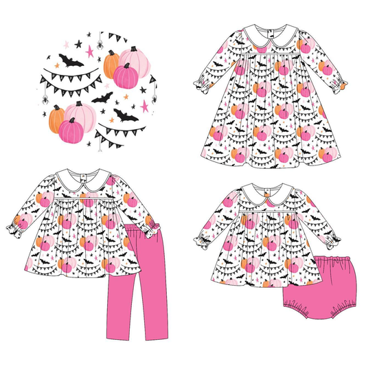 Custom moq 5 each style eta 6-7weeks baby girl clothes pumpkin bat long sleeve pants sets and brief sets and dress -25.8.25