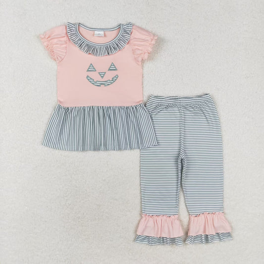 RTS no moq GSPO1671 Embroidered Halloween smiley face lace short-sleeved green striped trousers suit