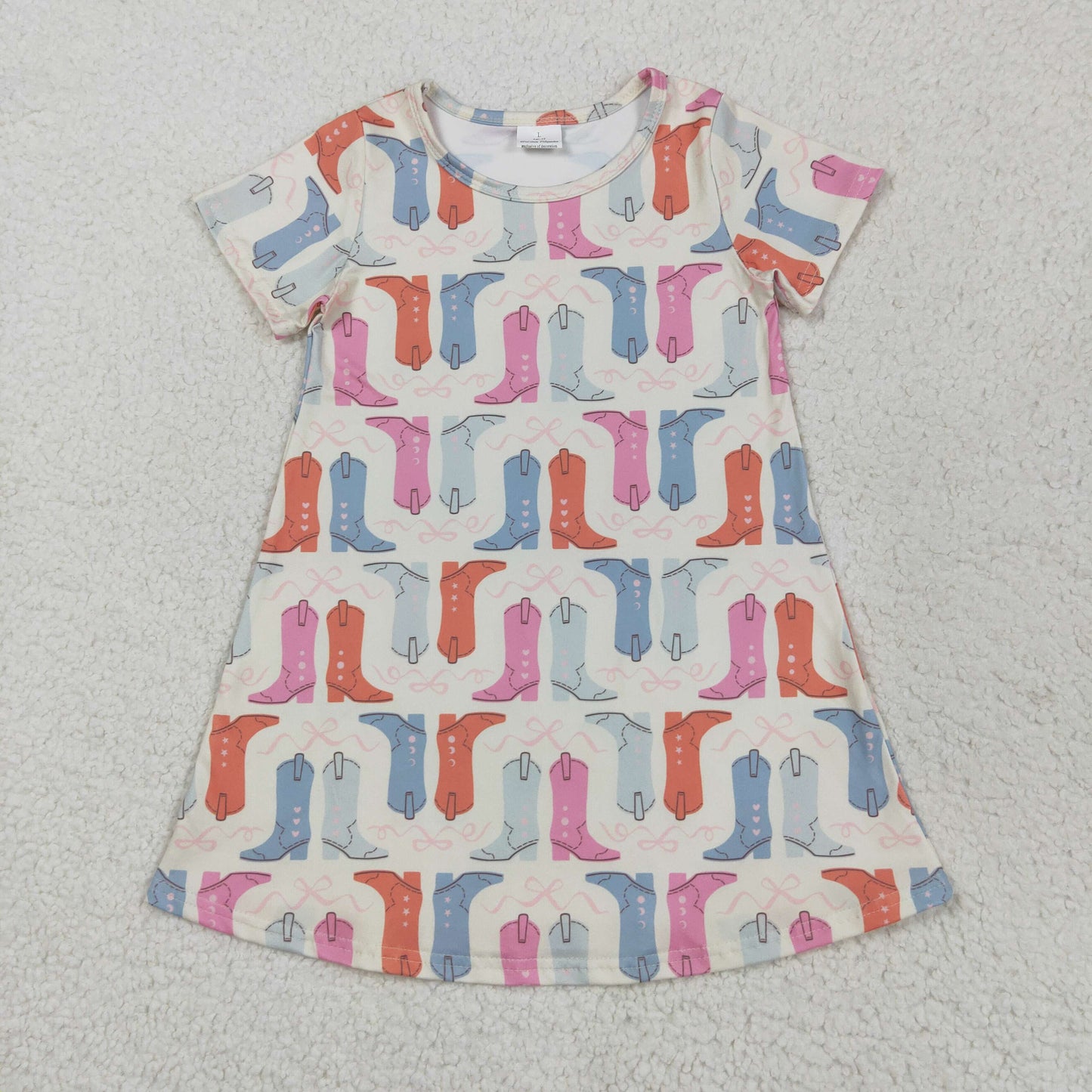 RTS NO MOQ GSD2497 Boot bow pattern beige short sleeve dress