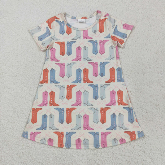 RTS NO MOQ GSD2497 Boot bow pattern beige short sleeve dress