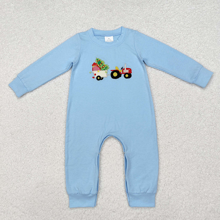 RTS NO MOQ Blue long-sleeved suit & romper with embroidered truck pulling a Christmas tree